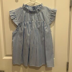 Blue and White Striped Ruffle Top